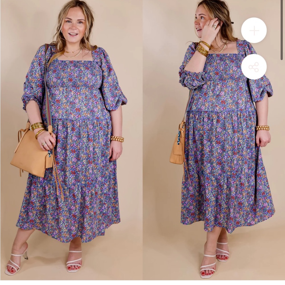 Giddy Up Glamour Spring Blooms Smocked Floral Maxi Dress in Blue Size L